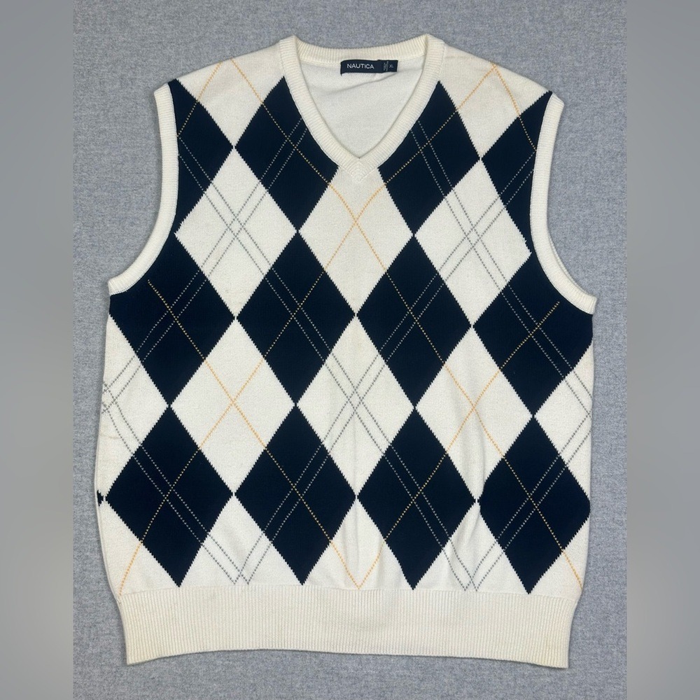 Vintage Sweater Vest Mens XL White Blue Argyle Granpda Preppy Retro Golf 90s Y2K